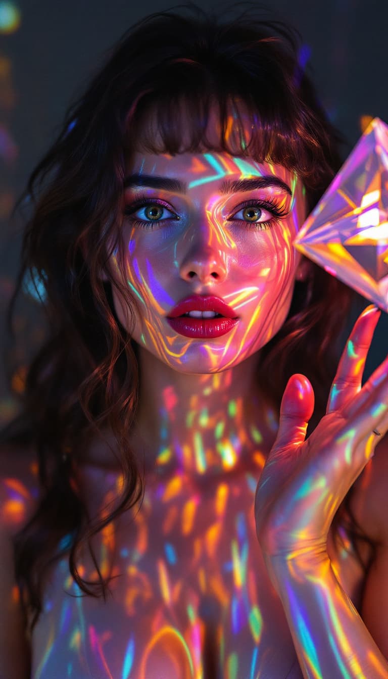 AI generated: Holographic Art, Refracted Light, Shifting Patterns, Futuristic, Woman Holding a Prism Reflecting, C...