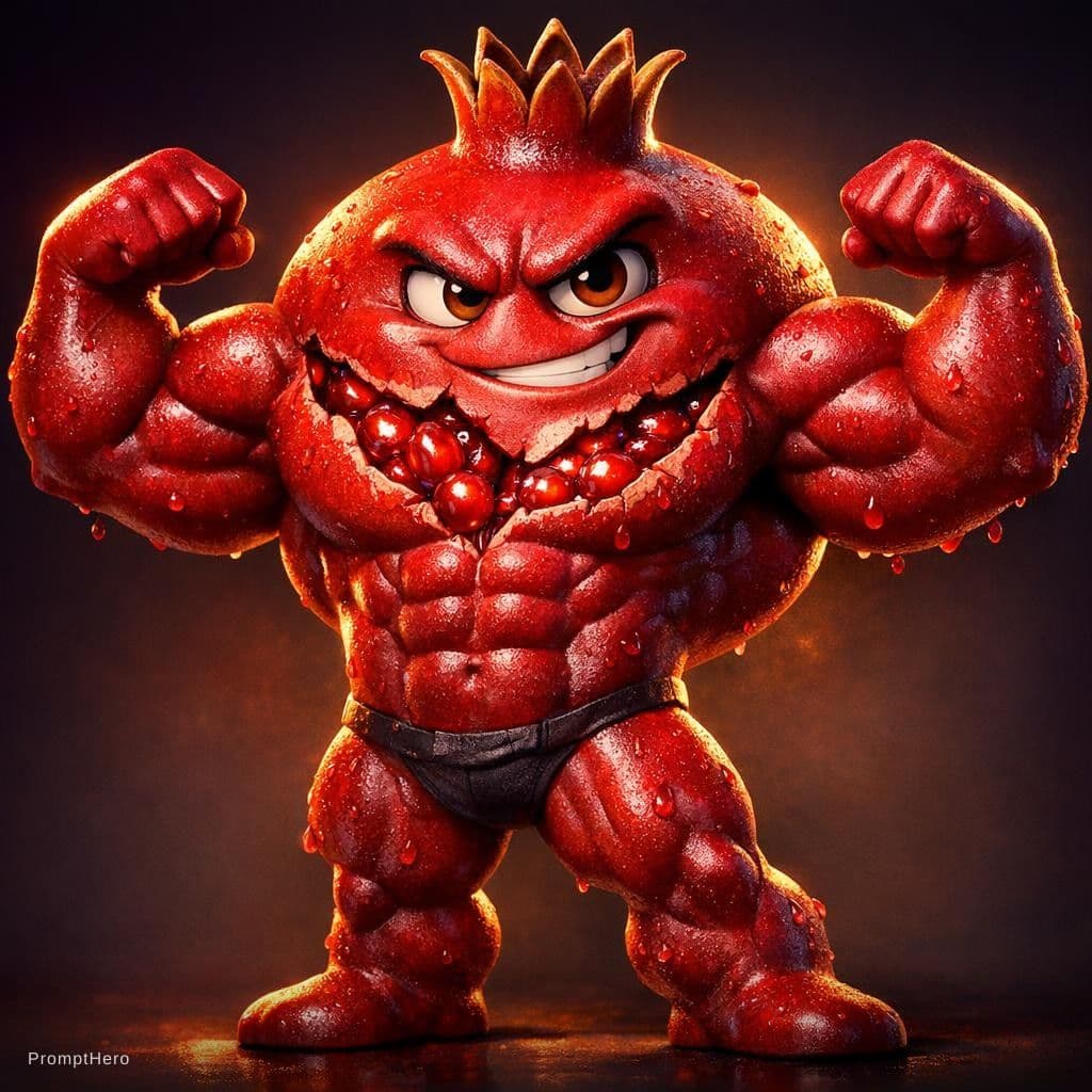 AI generated: Pixar-style 3D render, highly detailed character design. A muscular, buff pomegranate character with...