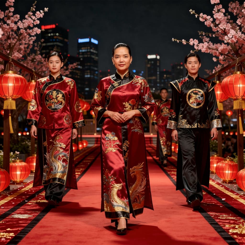 AI generated: create a image of The red carpet walking way is set in an outdoor CBD fashion show with a lunar new ...