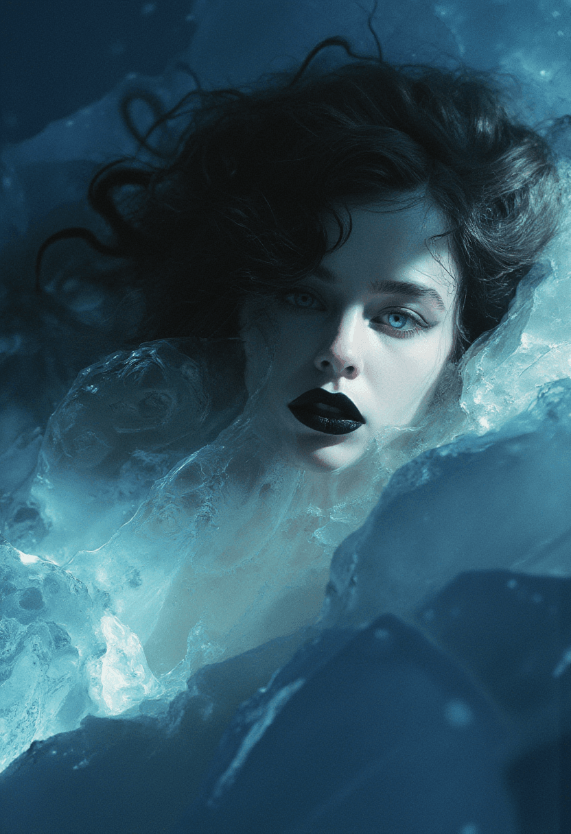 AI generated: A striking portrait of a woman lying on a bed of ice, her face the focal point of the image. The sub...