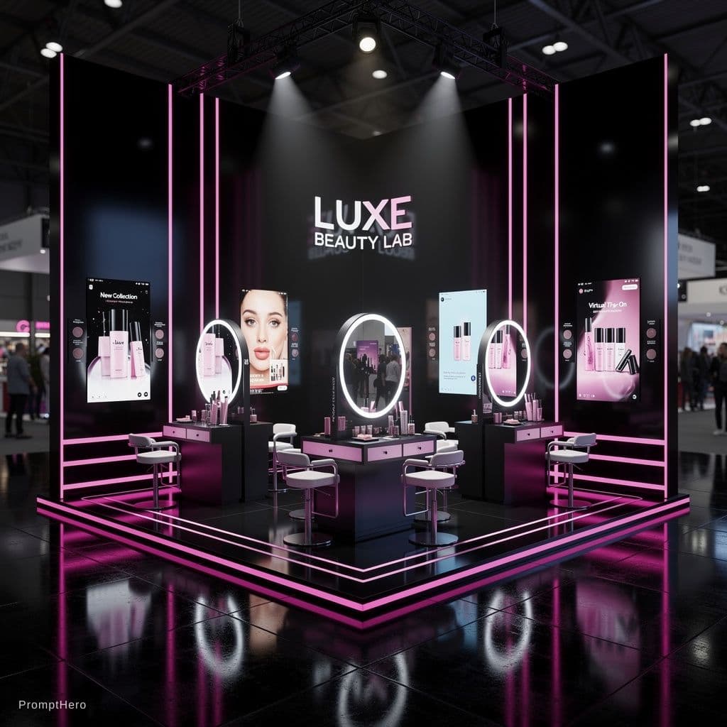 AI generated: Futuristic 3D cosmetics booth design, black glossy walls with neon pink and purple light strips, dra...