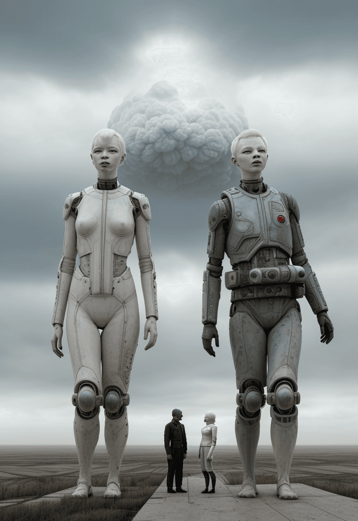 AI generated: two albino people stand in an open landscape with a cloudy sky, dystopia, post atomic environment, p...