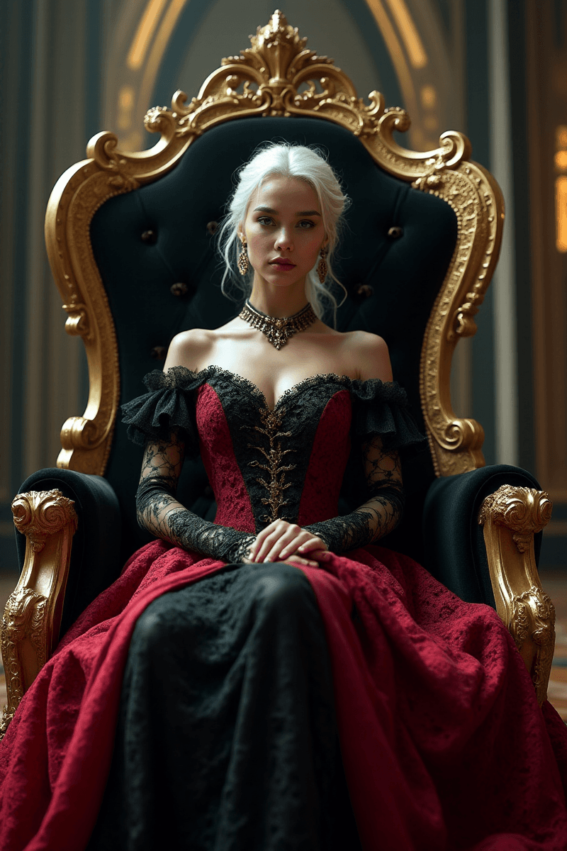 AI generated: A professional photo from below of a young queen sitting on a black throne made of gold, with a serp...