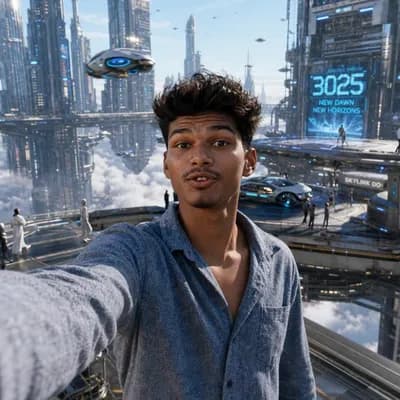 AI generated video: Spoken Script:
"I can't believe this is Earth in 3025! Look at these flying highways above the cloud...