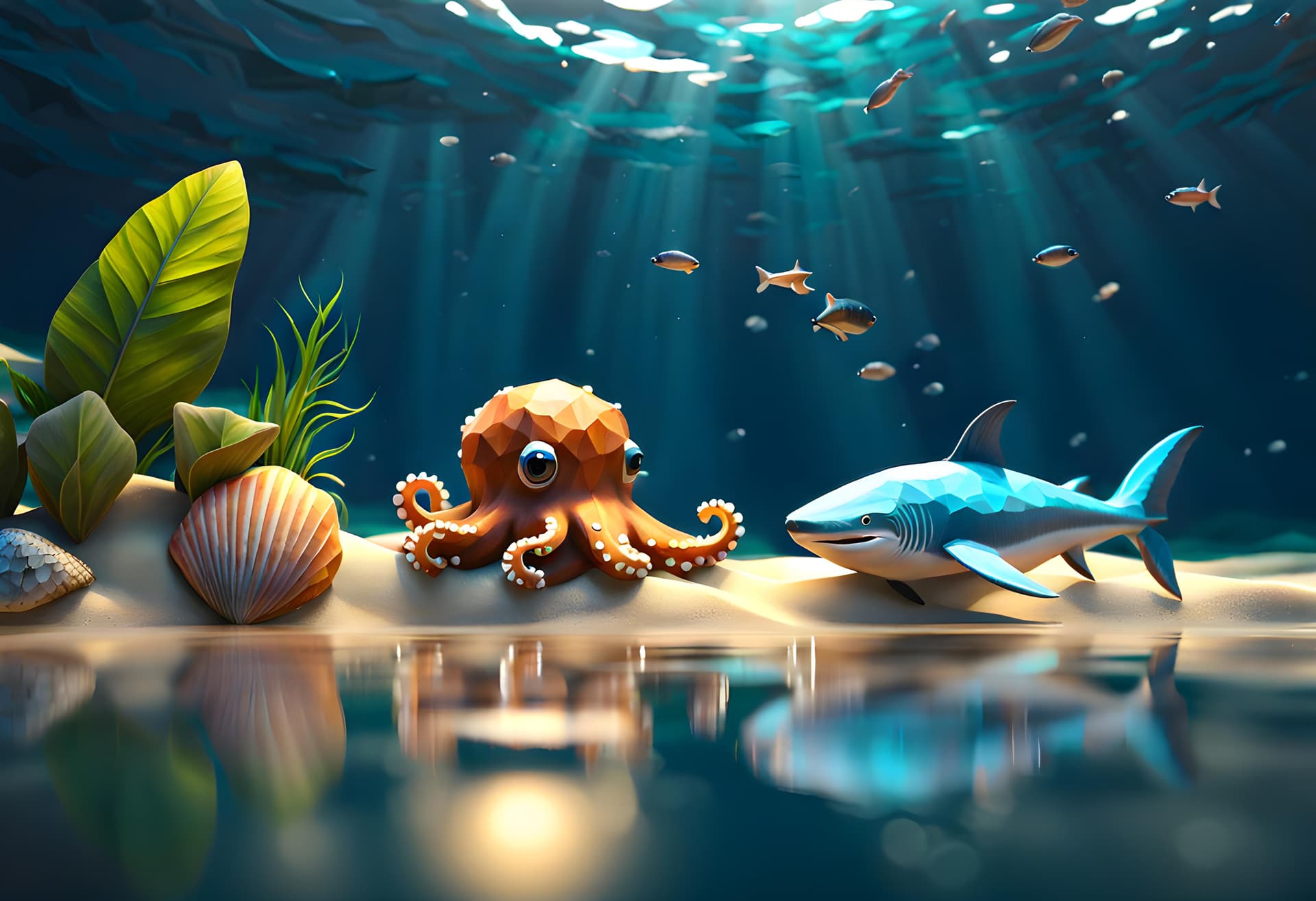 AI generated: tiny octopus sitting on sea bed, playing with a small shark , a low poly rock near, 4k, 8k, sea shel...