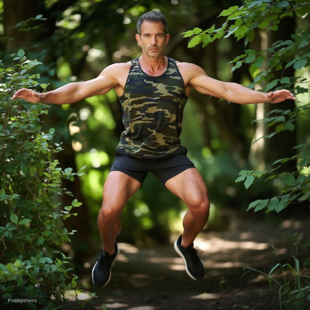 AI generated: A highly fit, muscular adult male performing jumping jacks continuously.
Athletic, lean and muscular...