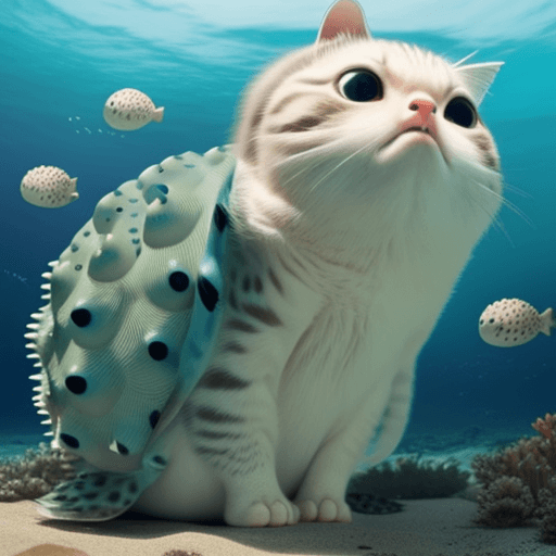 AI generated: Puffy the pufferfish cat, the protector of the oceans and its creatures