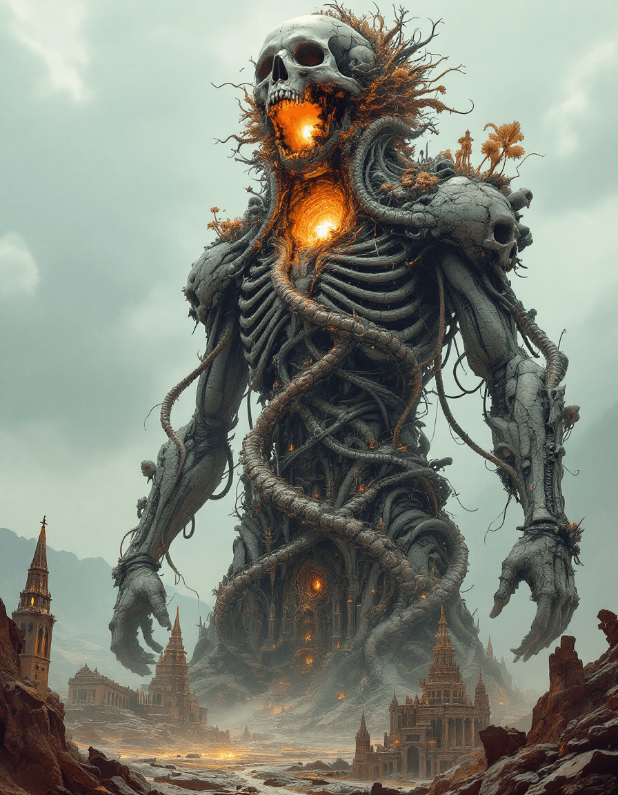 AI generated: A surreal, ultra-high-resolution image of a towering biomechanical colossus frozen mid-transformatio...