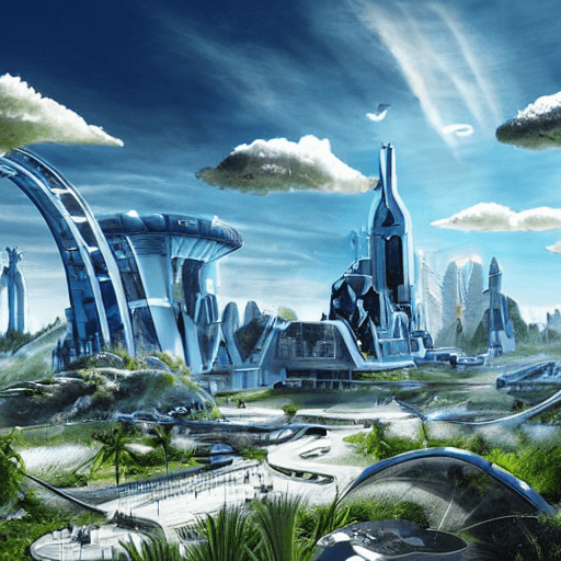 AI generated: futuristic hyper-realistic sci-fi city of atlantis with wispy clouds in a blue sky and lots of natur...