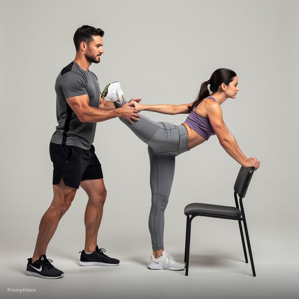 AI generated: add this girl a chair a this  man Supported  one legs up Standing she fuck Doggy style position her.