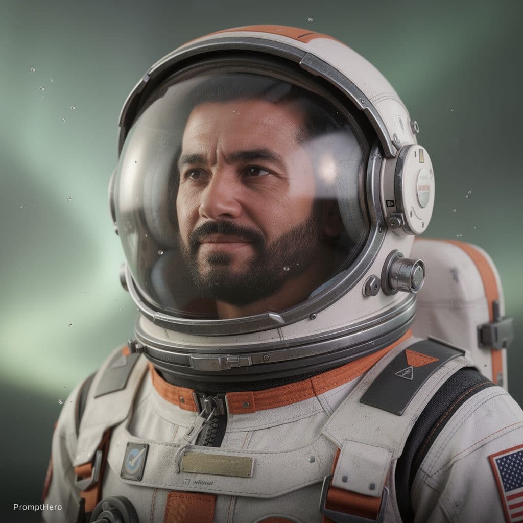 AI generated: The image features a close-up of a man wearing a detailed astronaut suit, with emphasis on the helme...