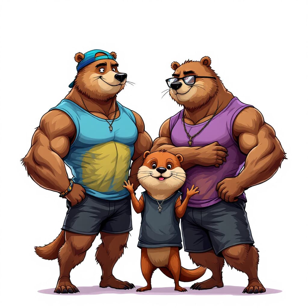 AI generated: Fun Cartoon. Full body shot. White background. 2 male muscle bears and 1 otter, middle bear wearing ...