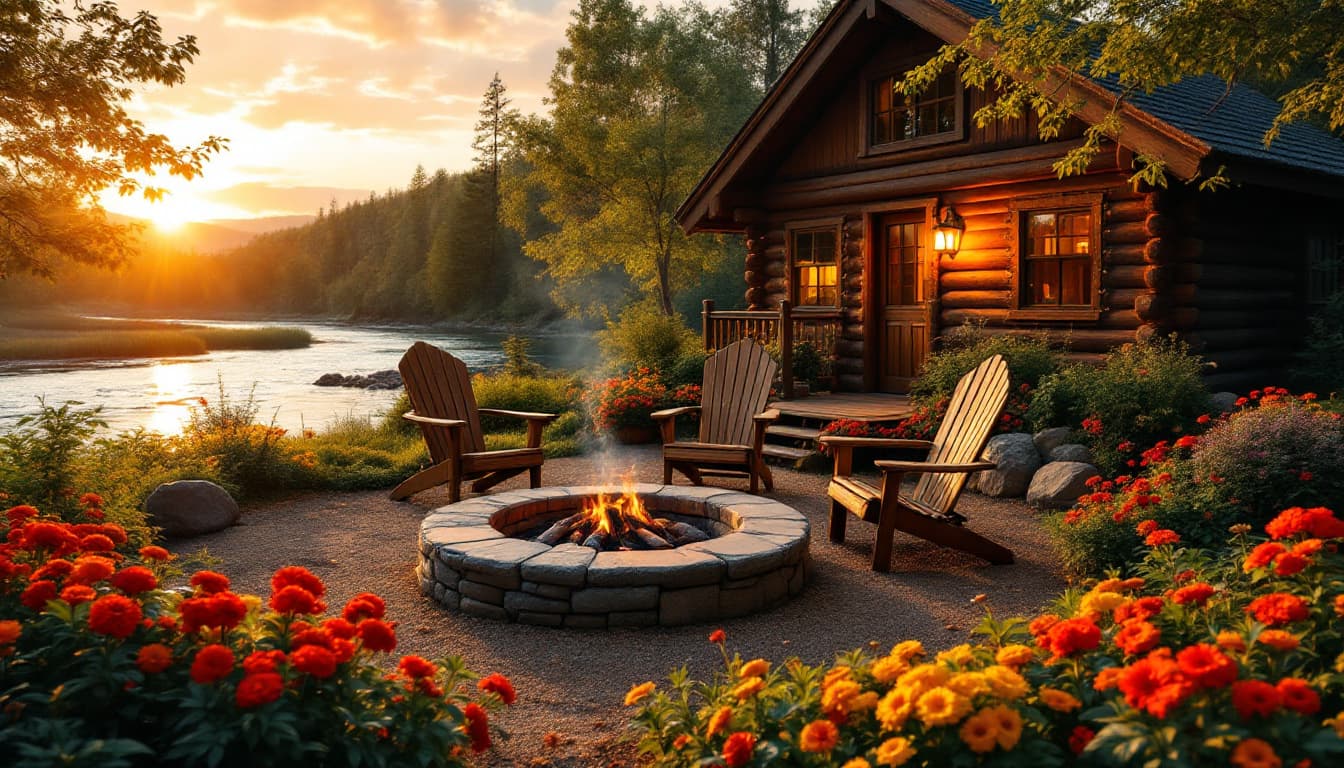 AI generated: A serene riverside scene featuring a cozy log cabin surrounded by lush greenery. In the foreground, ...