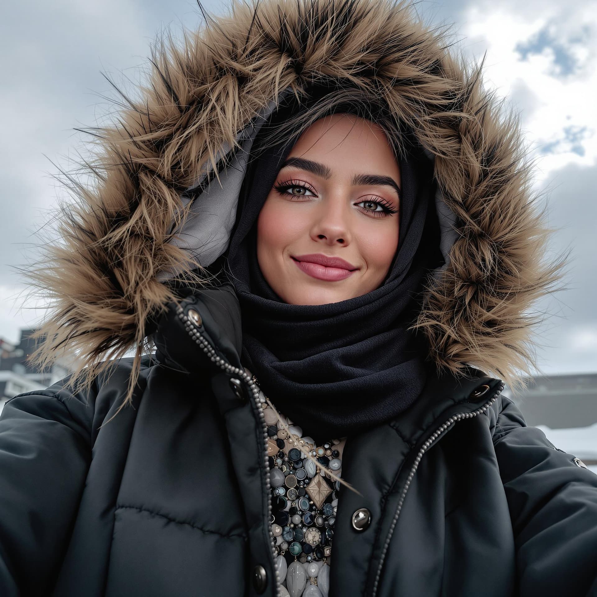 AI generated: Ultra Realstic, Closed-view selfie from low angle, 22 years old women, Stylish bang hiar style, new ...