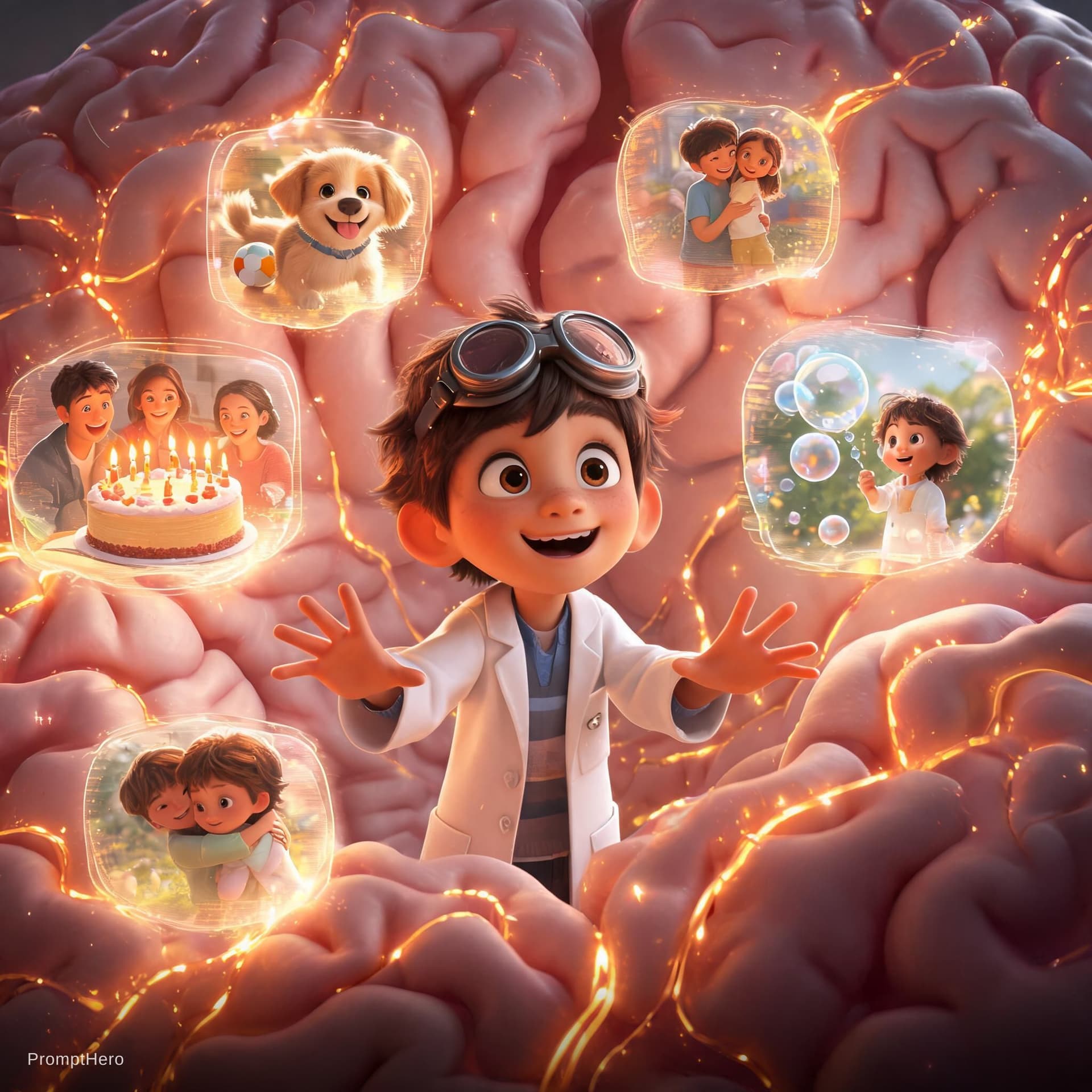 AI generated: Young scientist child discovering a magical memory room inside the human brain, floating memories li...