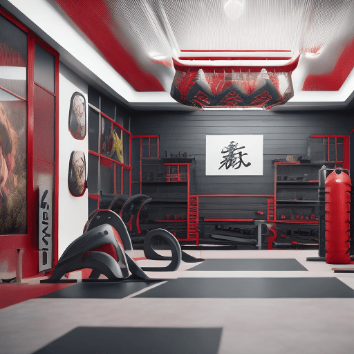 AI generated: architecture, martial arts gym, reception, red, white, golden and black painted, hyper realism, high...