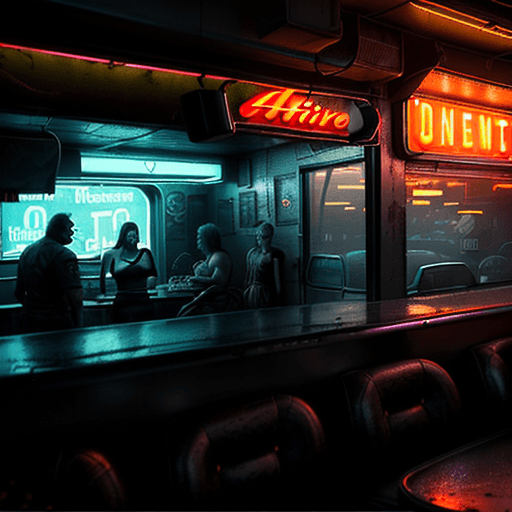AI generated: Realistic cinematic shot of an American diner at night, orange neon lights on the facade, gloomy atm...