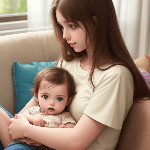 AI generated: illustration, teenage babysitter holding baby, best quality, pureerosface_v1, brown hair, white skin...
