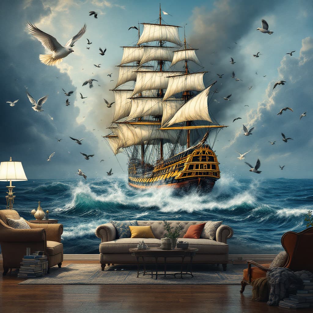 AI generated: "boy dreaming 3D image where the ocean waves literally comes out of a painting on the wall splashing...