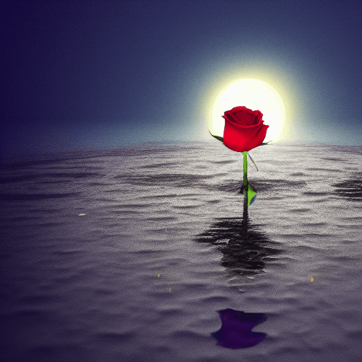 AI generated: a rose grows out of a puddle and the moon shines on it with a doldwn glow