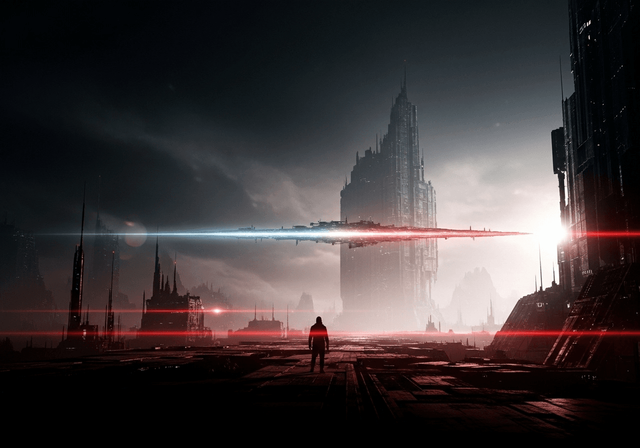 AI generated: Random images of unknown futures. (in the style of the artist Stuart Immonen:1.9). Subtle red and wh...