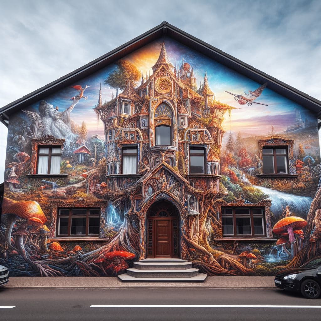 AI generated: A Majestic Mural Fantasy Graffiti Graphic House in the style of a Famous Street Artist Designer with...
