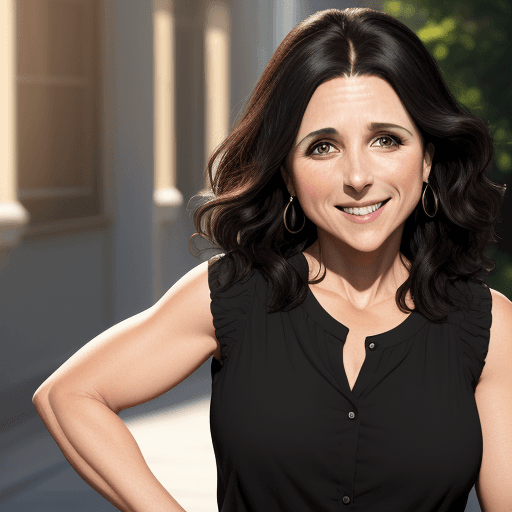 AI generated: julia louis-dreyfus, big nose, shadows, 4k, smiling, black hair, brown eyes, 