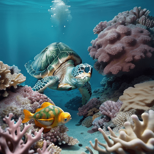AI generated: Photo of a ultra realistic, bigs an small fishes, green dreamy turtle looking at us in deeper small ...