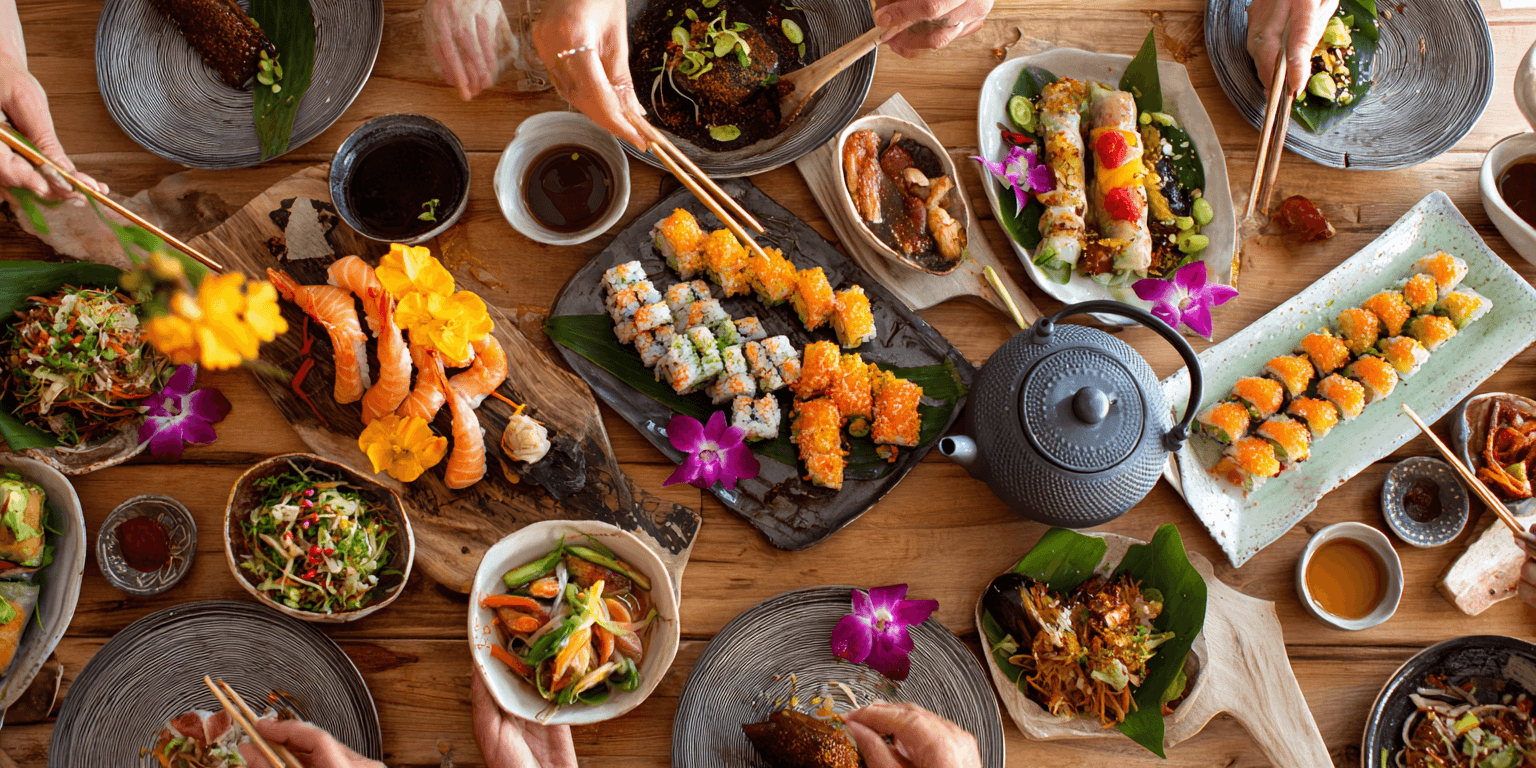 AI generated: High-angle, full shot of a dining table laden with various Asian dishes,  featuring a variety of sus...