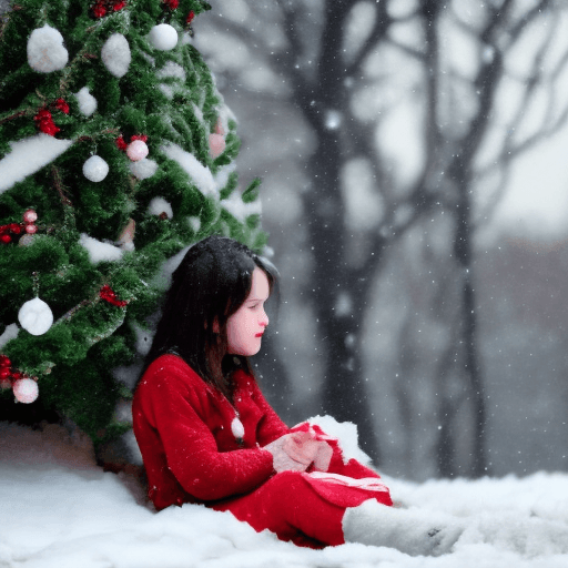 AI generated: a girl with long dark hair sits under a snow-covered Christmas tree
