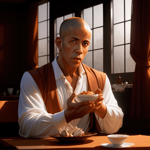 AI generated: monk, dining room, clifftop plasma style by Rob Hefferan hyperrealism photorealism dutch angle shot ...