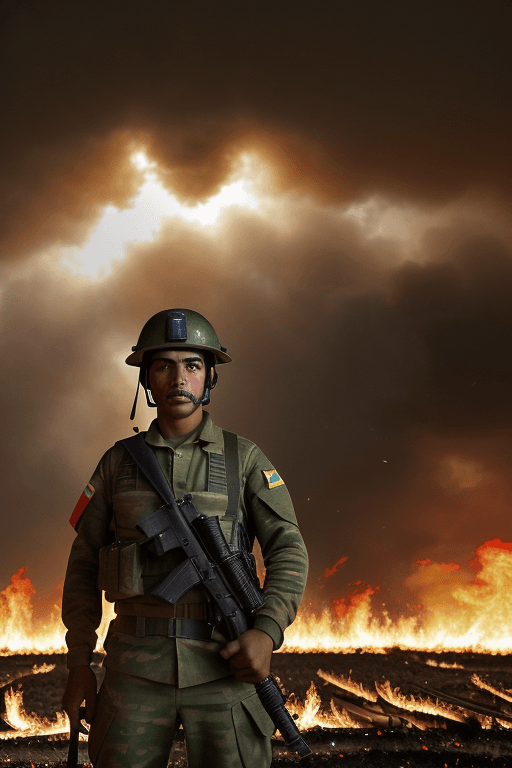 AI generated: A brazillian soldier, standing in front of the camera in a battlefield setting, looking straight ahe...