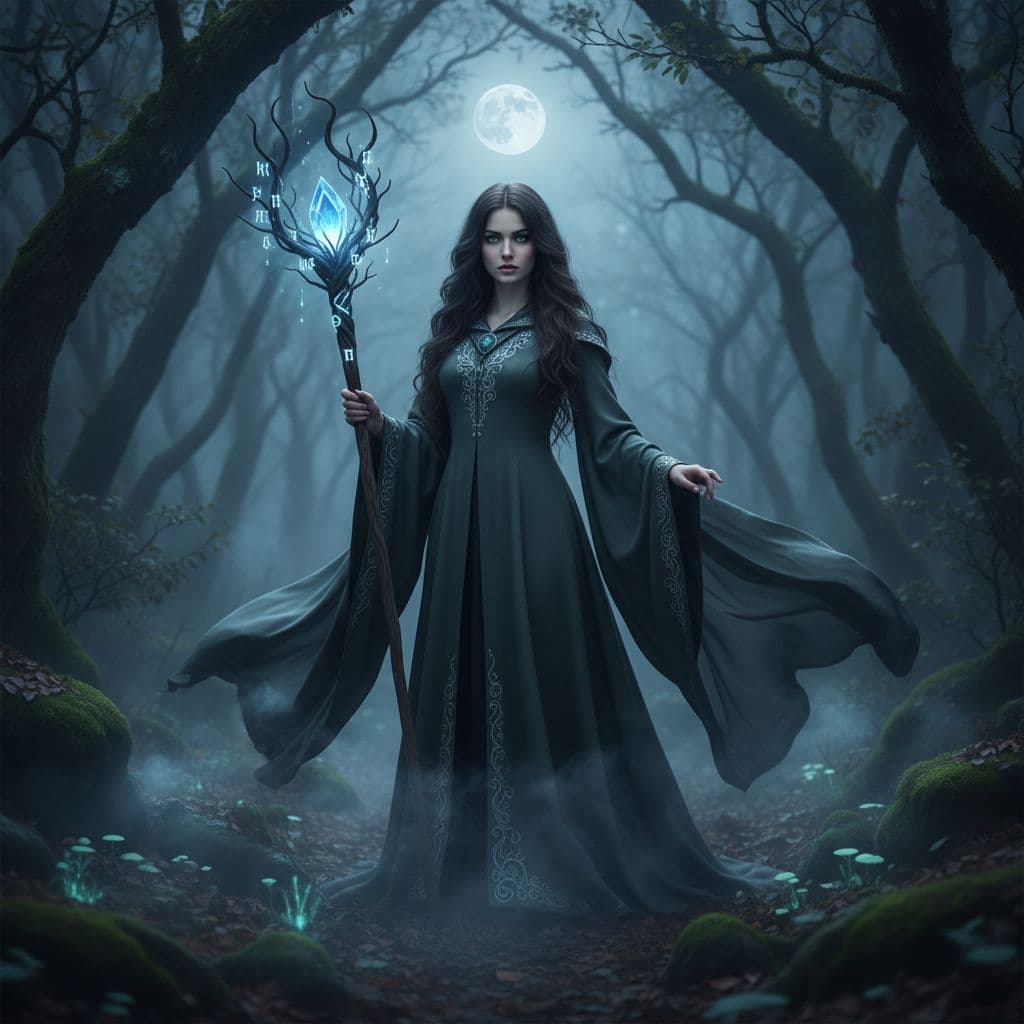 AI generated: a moody moonlit forest clearing, an portrait of beautiful witch in flowing robes holding a staff wit...