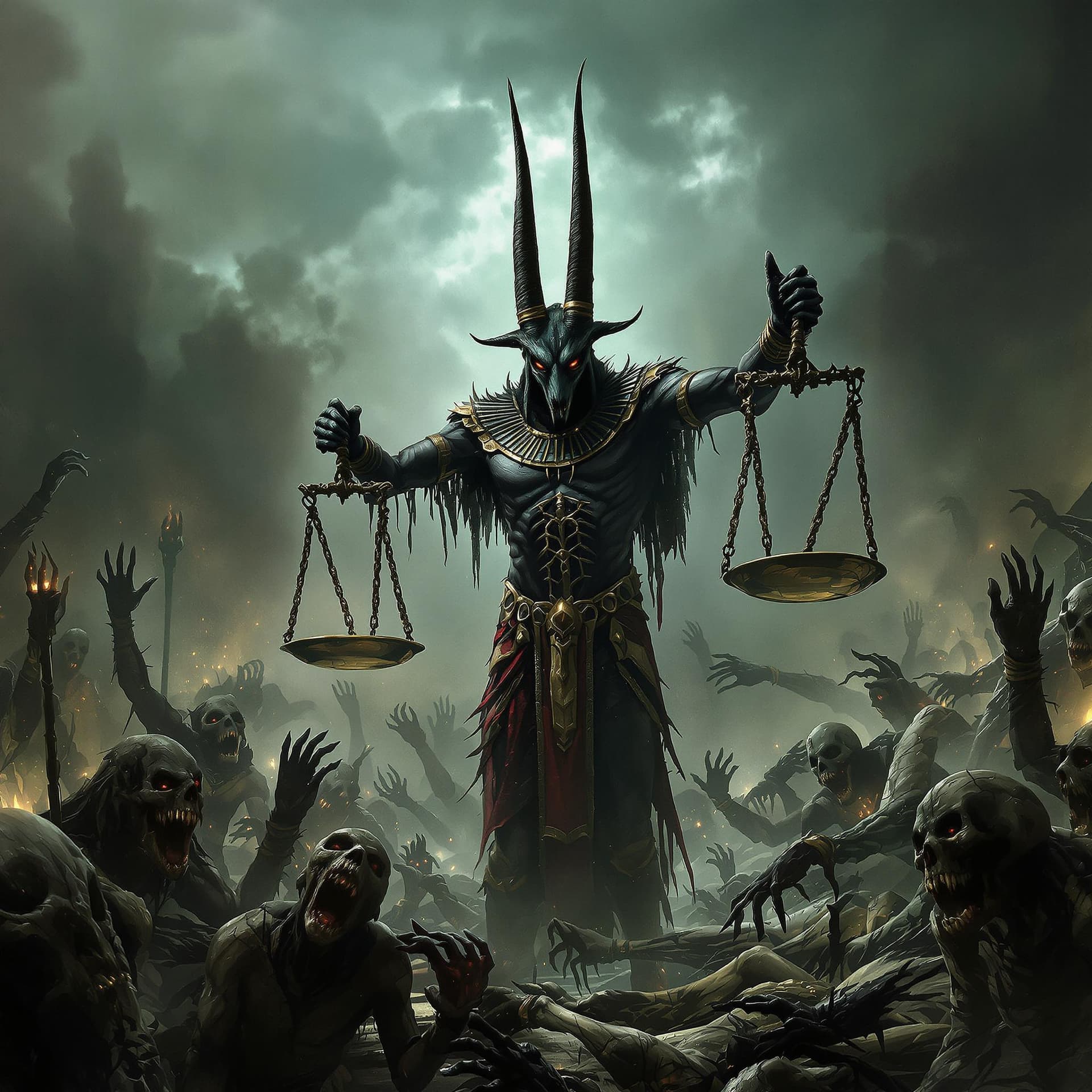 AI generated: A nightmarish dark fantasy scene. The Egyptian god Anubis stands menacingly holding scales over the ...