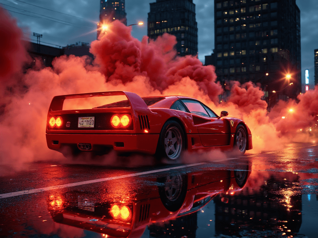 AI generated: A hyperrealistic, cinematic shot of a Ferrari F40 from a slightly elevated three-quarters rear angle...