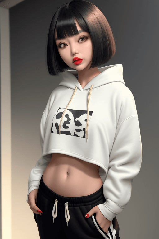 AI generated: 1 girl, beautiful japanese girl, (Cute Loose Bob hair), (wearing a cropped hoodie, capri sweatpants:...