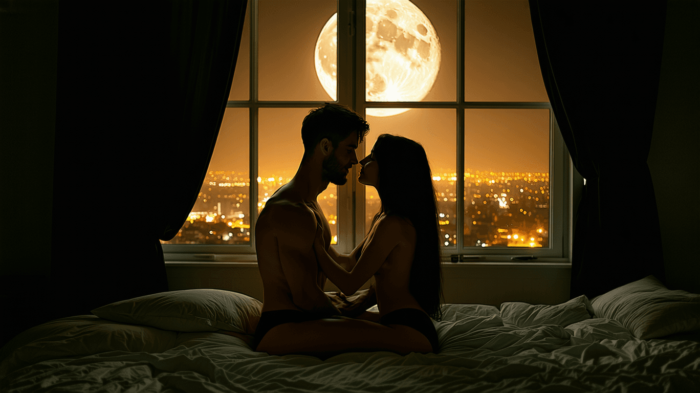 AI generated: image featuring a romantic, intimate scene set against a nighttime cityscape. A (nude) couple is sea...