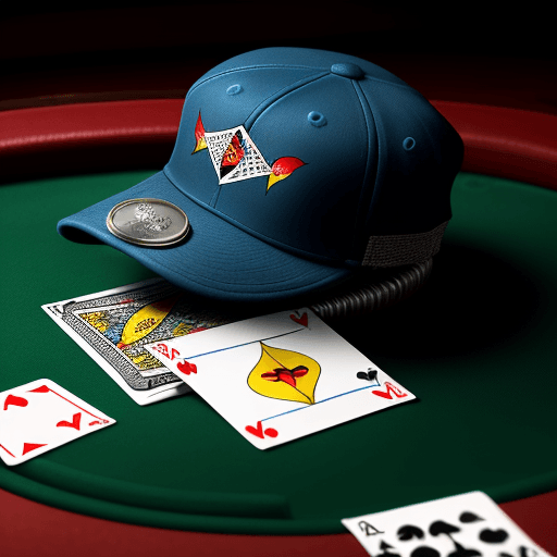 AI generated: A fish in a cap sits at a poker table holding cards in its fins.