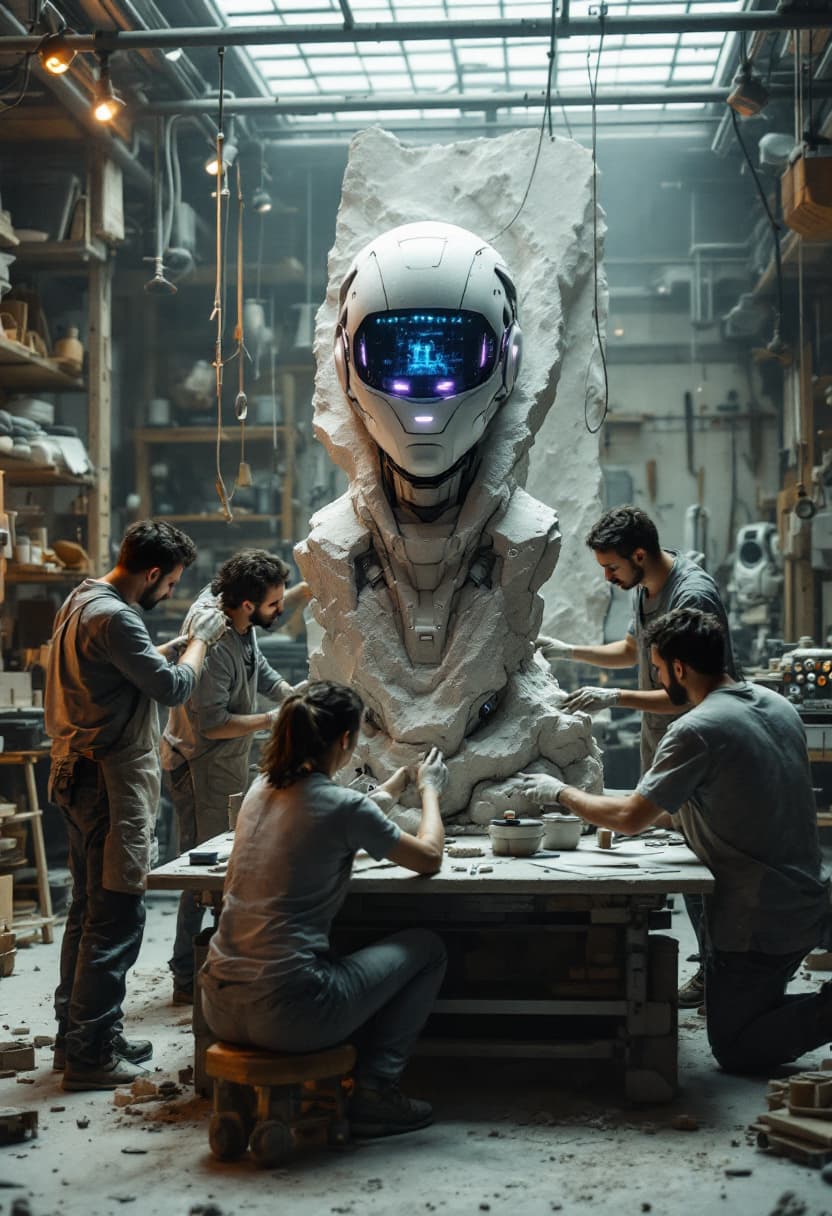 AI generated: A highly detailed cinematic shot capturing a team of artisans from the knees up in a bustling sculpt...