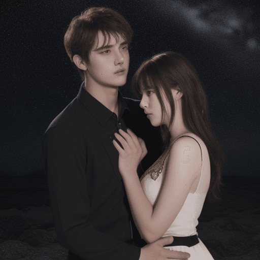 AI generated: a man and woman couple, in the middle with broken heart, dark starry background.