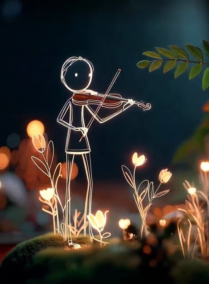 AI generated: stick figure playing violin, glowing outlines, whimsical, enchanting forest, dreamy bokeh, vibrant c...