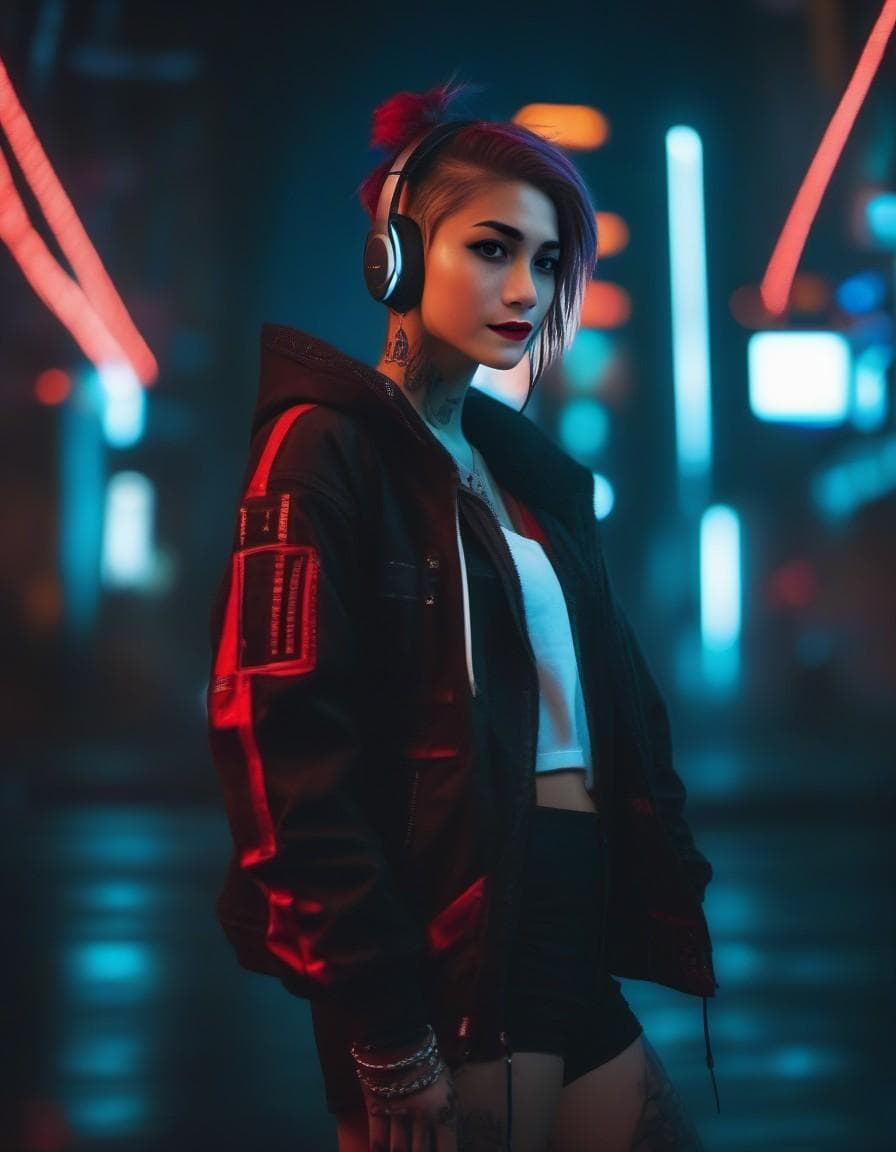 AI generated: (film stock), (extremely detailed CG unity 8k wallpaper) full body portrait of a cyberpunk woman lea...
