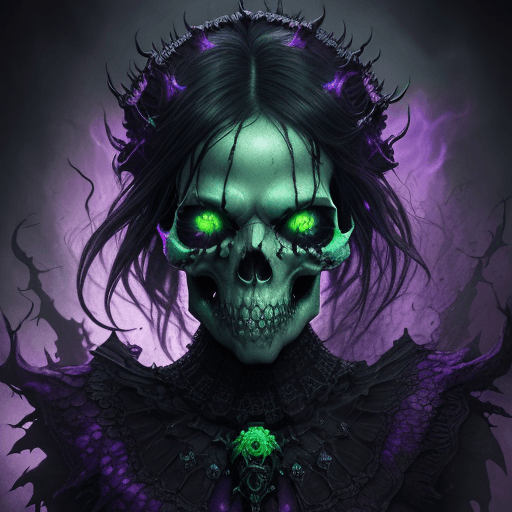 AI generated: hellish skull, sparkling green eyes, violette glow from the skull, detailed with color, dark fantasy...
