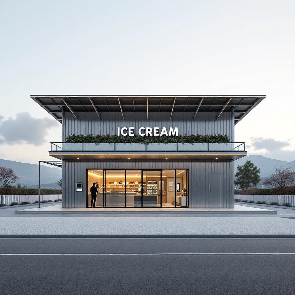AI generated: The front view of a ground level ice cream industrial plant,  metal costruction, minimal, contempora...