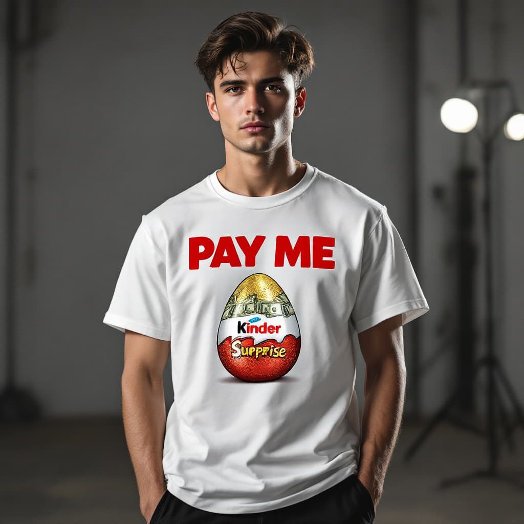 AI generated: Photorealistic fashion photoshoot for the fashion catalog of the clothing brand [PAY ME]. The model ...