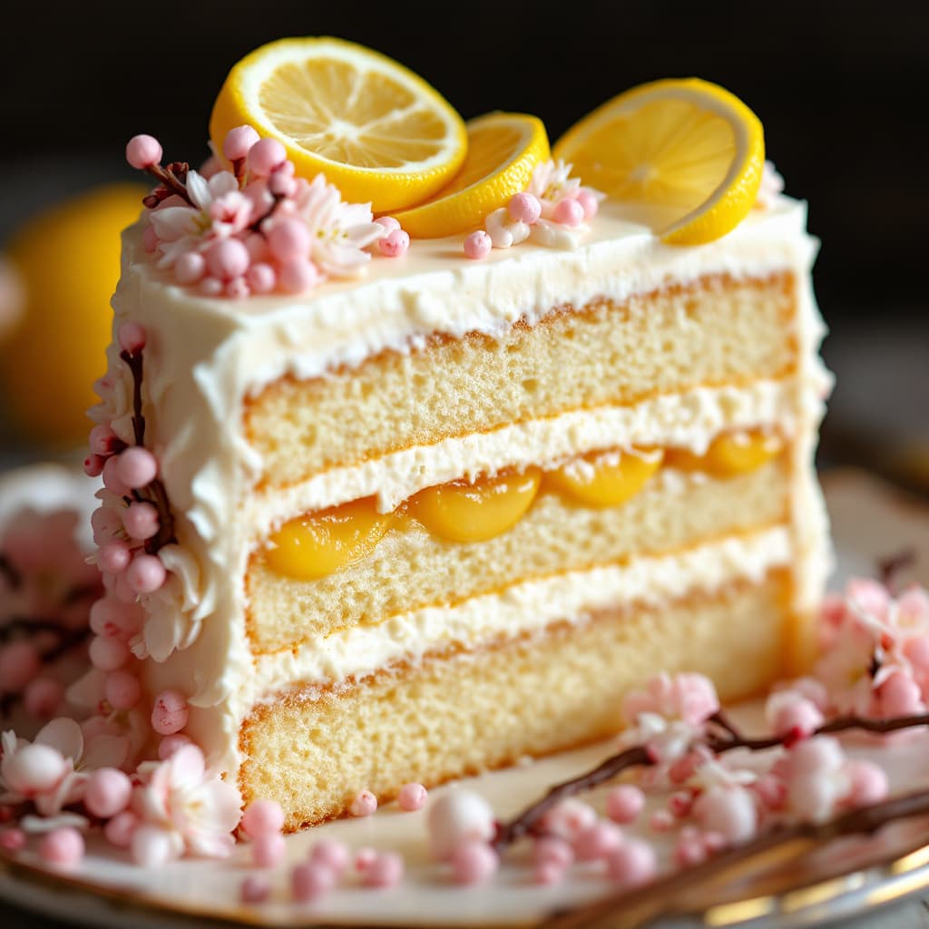 AI generated: Close up photograph of a slice of layered cake with a cherry blossom theme, a layer of fruit filling...