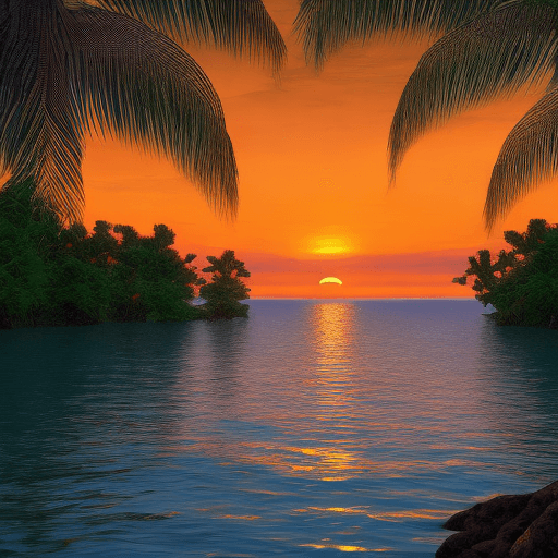 AI generated: orange sunset, calm water, tropic atmosphere --ar 68:128 --s 750, 8k UHD