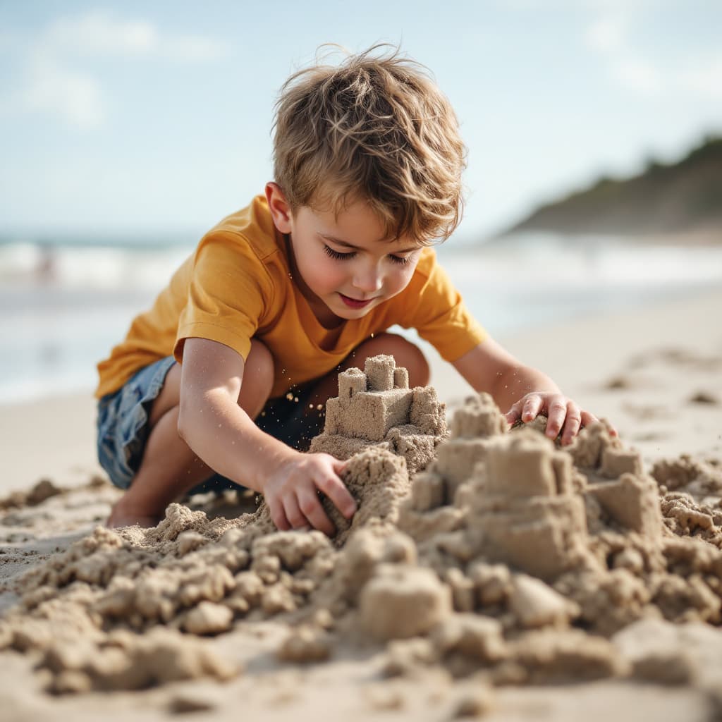 AI generated: a ten year old boy destroying sandcastles