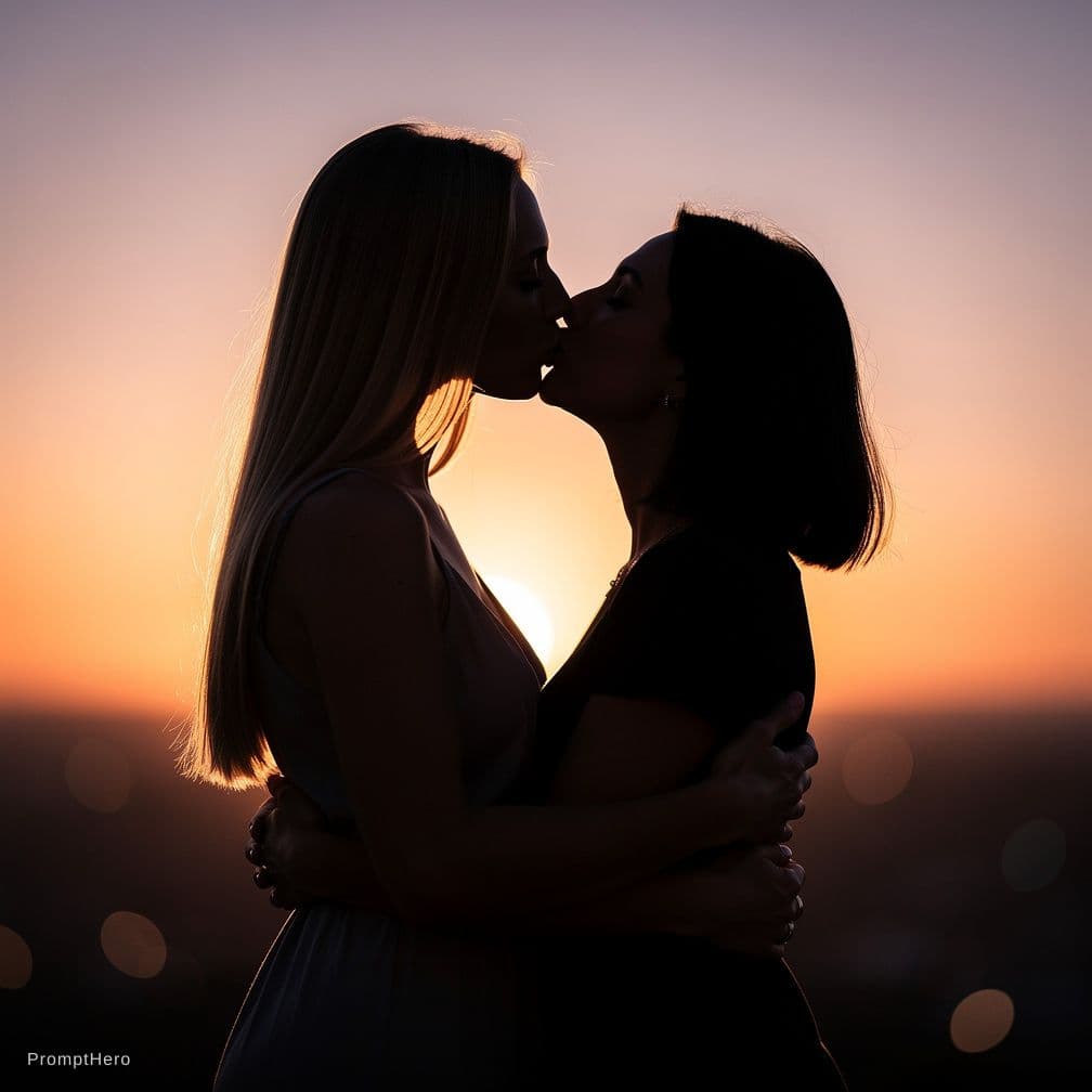 AI generated: nude blond woman hugged and kissed by black hair woman romantic