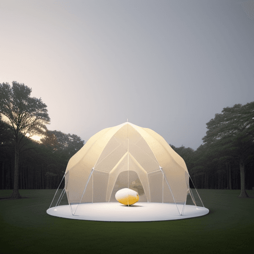 AI generated: "Behold a marvel of design—an egg-shaped tent structure that emanates a soft glow. Crafted from alum...